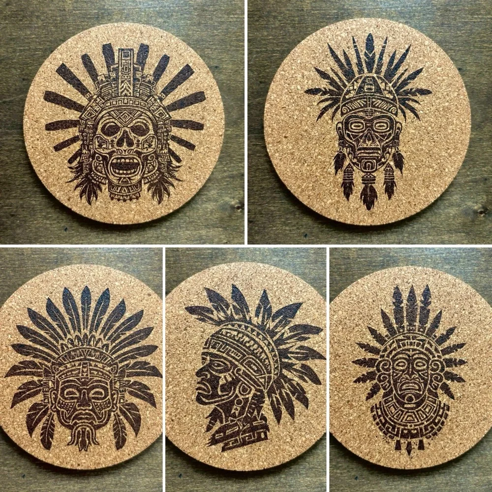 Aztec Head Designs Laser Engraved Cork Coasters Lot of 20